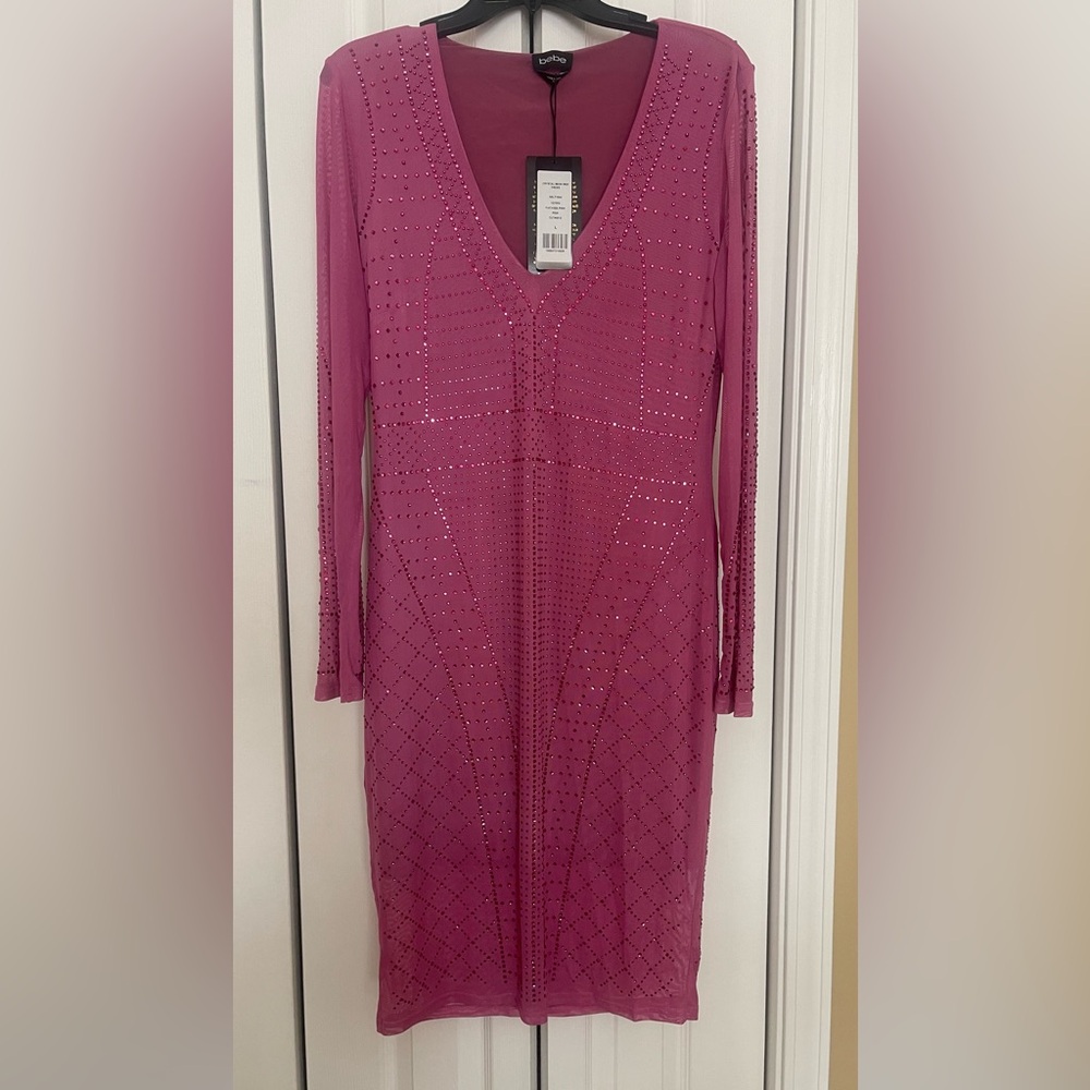 Bebe Pink Long Sleeve Crystal Mesh Midi Dress - Picture 4 of 5